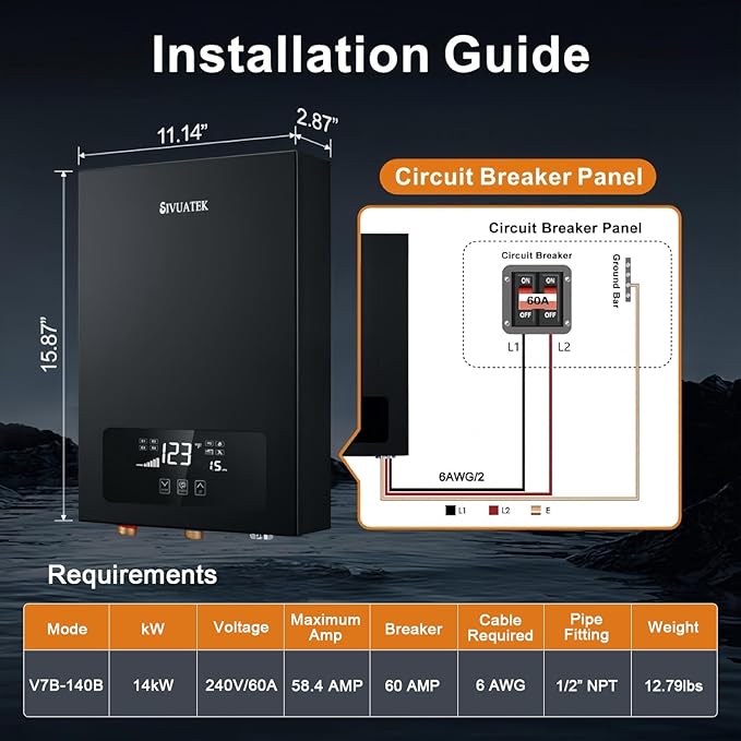 Electric Tankless Water Heater SIVUATEK 14kW, 240V - On-Demand Hot Water for Whole House - ETL Certified, Self Modulating - Compact Design for Easy Installation - for 2 Point of Use Hot Water
