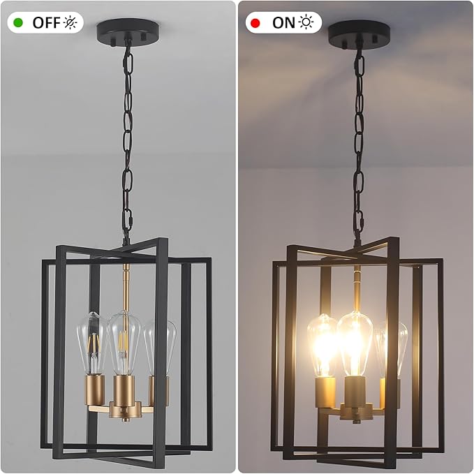 Black Gold Chandelier for Dining Room, Modern Farmhouse 3 Light Entryway Pendant Light Fixture Adjustable Geometric Industrial Rustic Foyer Light for Living Room Kitchen Island Hallway Bedroom