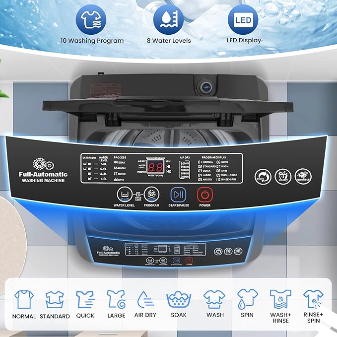 Nictemaw Portable Washing Machine 17.8Lbs, 2.4Cu.ft Full Automatic Portable Washer with 10 Wash Programs, 8 Water Levels & Drain Pump, Compact Laundry Washer for Home, RV, Dorm, Grey