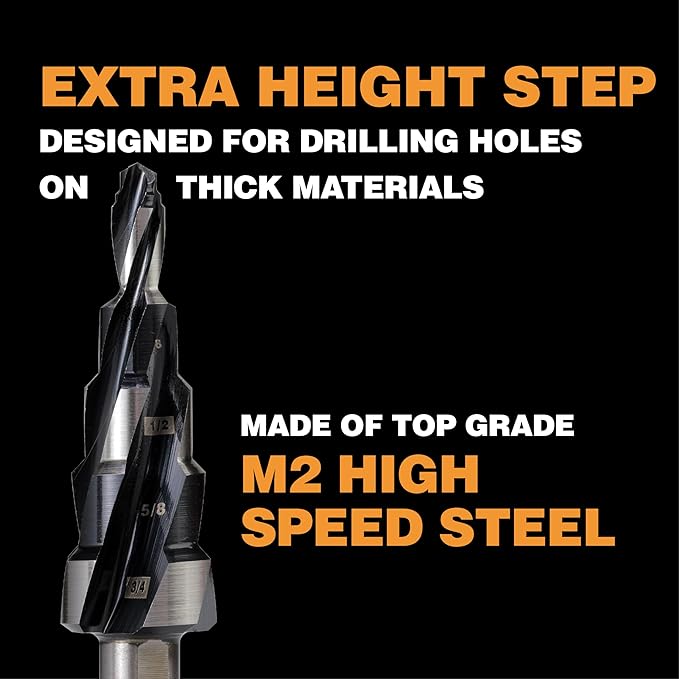 1/4 to 3/4 Inch Step Drill Bit, M2 High Speed Steel Drill bits for Hole Drilling in Extra Thick Material/Panel/Plate, Stainless Steel, Copper, Aluminum, Wood, Plastic