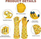 DLY Gardening Gloves for Women, Rose Gloves Gardening Thorn Proof, Long Garden Gloves for Women, Breathable Cowhide Leather Gauntlet (Large, Yellow