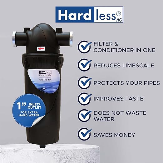 Hardless NG4L Whole House Water Filter - Salt-Free Softening Device - Reduces Limescale, Sediment & More - Compact, Easy to Install - Comes w/ 1" Inlet/Outlet - Filtration System for Extra Hard Water