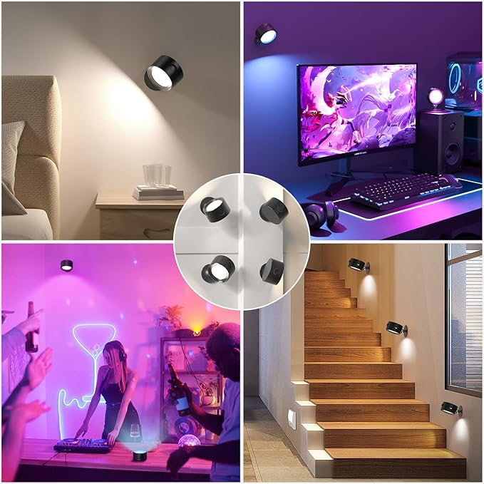 RGB Ambience Wall Sconces Lamp, 2Pcs LED Wall Mounted Lights with 3000mAh Rechargeable Battery, 3 Color Temperatures & Dimmable Magnetic 360° Rotation with Remote, Wall Light for Reading Bedside