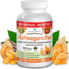UDAF Certified Organic Ashwagandha with Black Pepper - 180 Capsules - 1965mg Extra Strength for Stress, Sleep, Mood, Thyroid, Focus, Hair, Vegan Pure Root Extract Powder - Men and Women Supplements