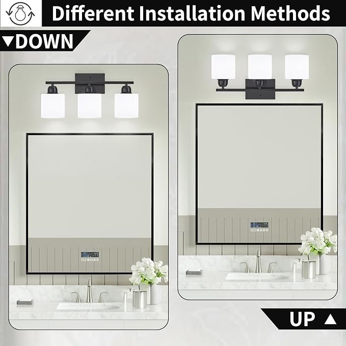 3-Light Bathroom Light Fixtures, Black Bathroom Vanity Lights with Milky White Frosted Glass Shades, Black Vanity Light for Bathroom Mirror, Bedroom, Living Room, Vanity Table, E26 Base