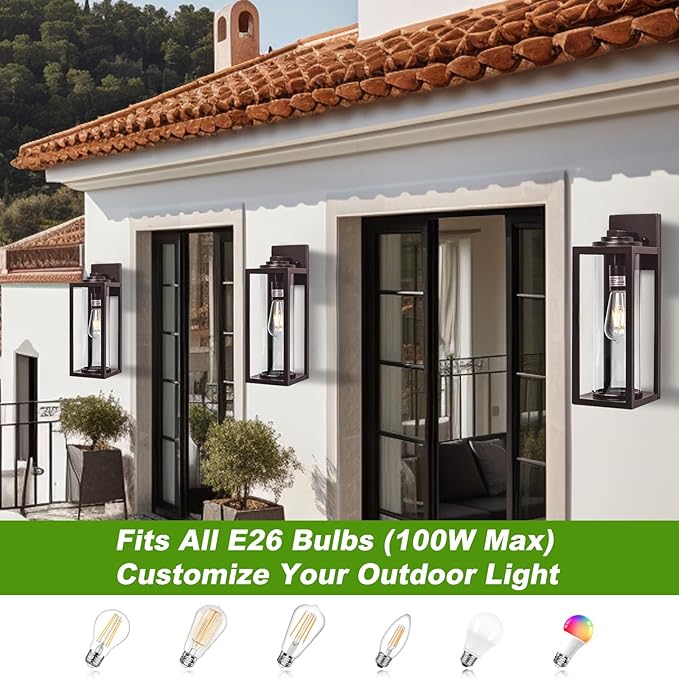 20inch Large Outdoor Wall Lights 2 Packs - Oil Rubbed Bronze Exterior Light Fixture with Clear Glass Shade, Waterproof Porch Lighting for House, Farmhouse Sconces Lantern for Front Door, Garage