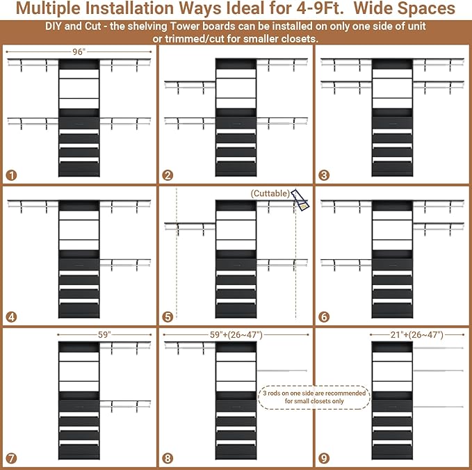Aheaplus Closet System with Drawers Set of 2, Wood Closet Organizer System with 8 Hanging Rods & Top Shelves, Walk-in Closets Organizer Wardrobe Clothes Rack System, Cut Fits Spaces 4-9FT. Wide, Black