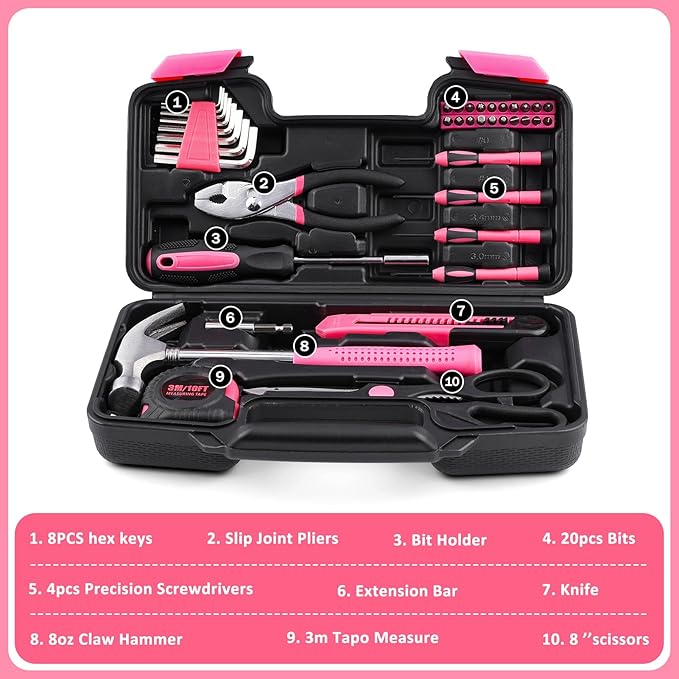 SenHodyu Pink Tool Set for Women-40 Piece General Household Hand Tool Box with Plastic Toolbox Storage Case Tool Kit (Pink)