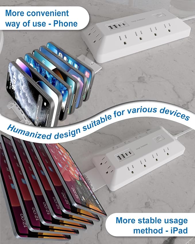 16-in-1 Surge Protector Power Strip with Multi-Function Stand, 6 Outlets with 2 USB-C (20W PD) and 2 USB-A (18W) Ports, 6FT Extension Cord for Home Office Desktop and Dorm (White)