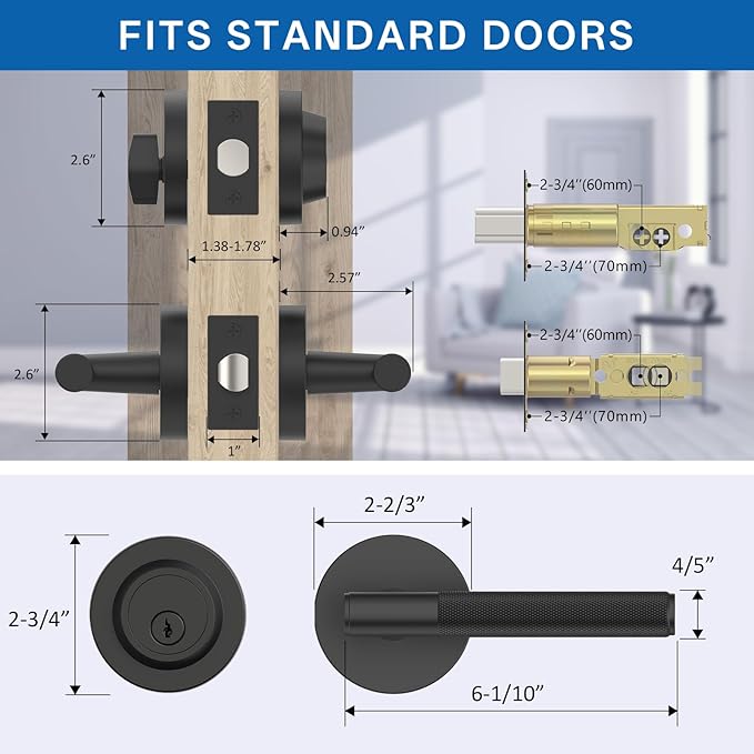 Amerdeco Front Door Lock Set with Double Cylinder Deadbolt, Black Exterior Entry Door Lever, Heavy Duty Entry Door Locksets for Left or Right Hand Exterior Door（Black 2 Pack）