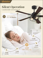 1 Pack Farmhouse 48 Inch Ceiling Fans with Lights, Black Industrial Caged Ceiling Fans for Bedroom Living Room, Double-Sided 5 Blades Rustic Ceiling Fan-Black