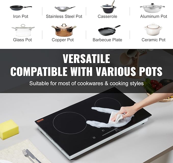 VEVOR Electric Radiant Cooktop, 24in 2 Burners Built-in Electric Stove Top, 1800W Ceramic Top Cooktop with Glass Panel, Touch Control, 9 Heat Level, Residual Heat Indicator,Timer, Child Lock, 120V