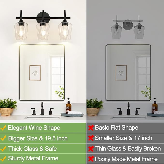 2025 Upgrade 3-Light Bathroom Light Fixtures, Black Vanity Lights for Bathroom with Clear Glass, 19.5 Inch Bathroom Lighting Fixtures Over Mirror, Modern Wall lamp for Cabinet Hallway