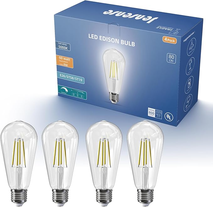 Jensense Edison LED Light Bulbs 8Watt Dimmable Light Bulbs 5000K Daylight White, E26 LED Bulb 60watt Equivalent, Vintage Bulbs 800lm CRI 90 Clear Glass 4 Packs