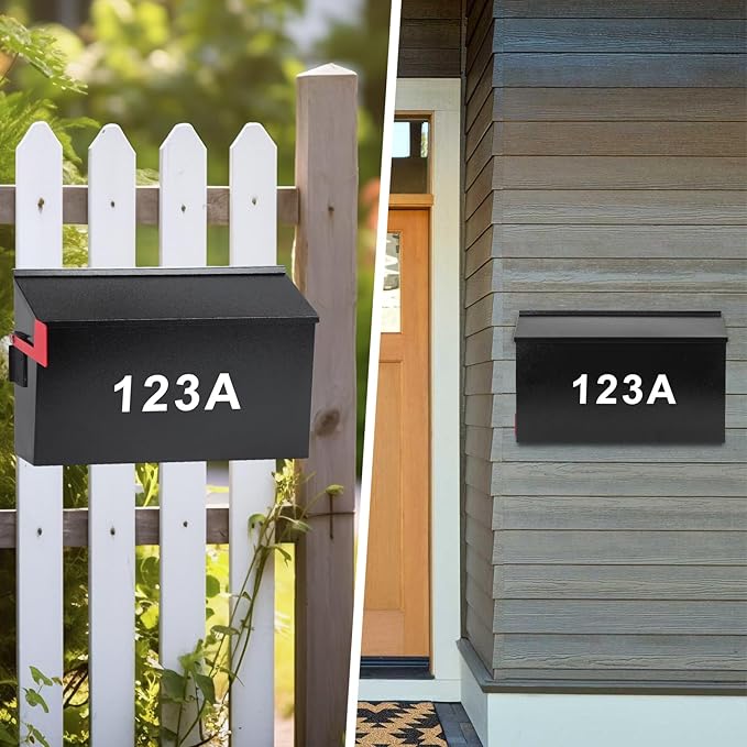 KYODOLED Wall Mount Mailboxes for Outside with Flag and Number Stickers, Galvanized Steel Rust-Proof Metal Post Box, Large Capacity Mail Box for House,15.7"x9.9"x4.9" Black