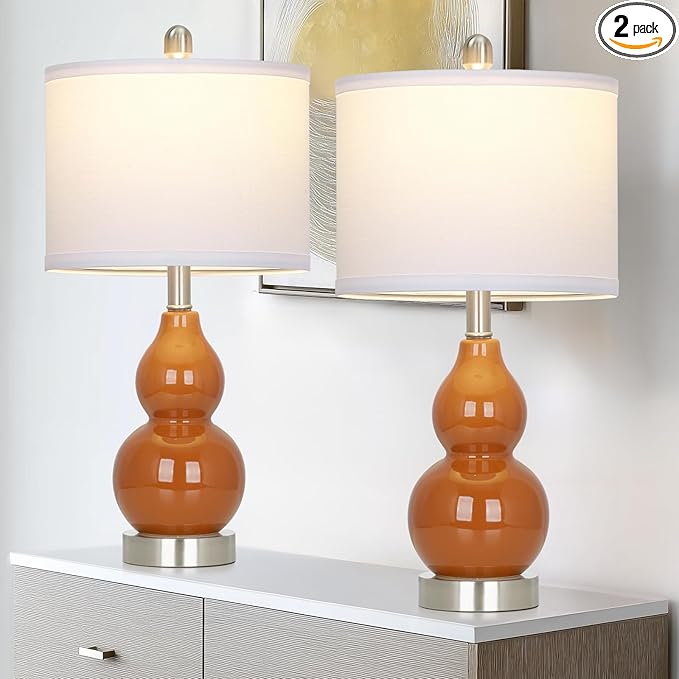 22" Modern Double Gourd Ceramic Table Lamps Set of 2, Red Bedside Lamps for Living Room, Contemporary Nightstand Desk Lamps for Bedroom End Table Home Office Decor(2 LED Bulbs Included)