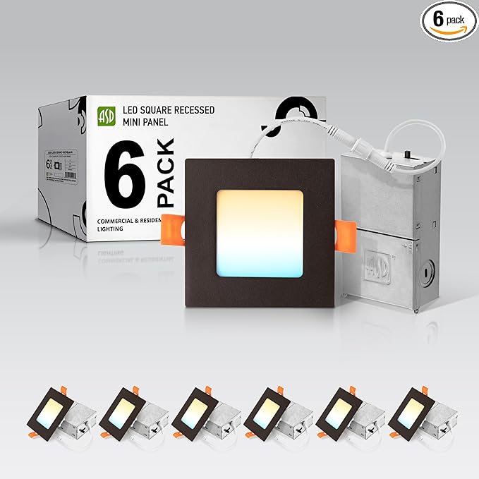 ASD 6 Pack LED Square Recessed Lighting 3 Inch, 5 CCT 2700K-5000K, 6W 30W Eqv, Ultra Thin Dimmable Ceiling Lights with J Box, Canless Wafer Downlight, Slim Panel, UL Energy Star, Oil-Rubbed Bronze