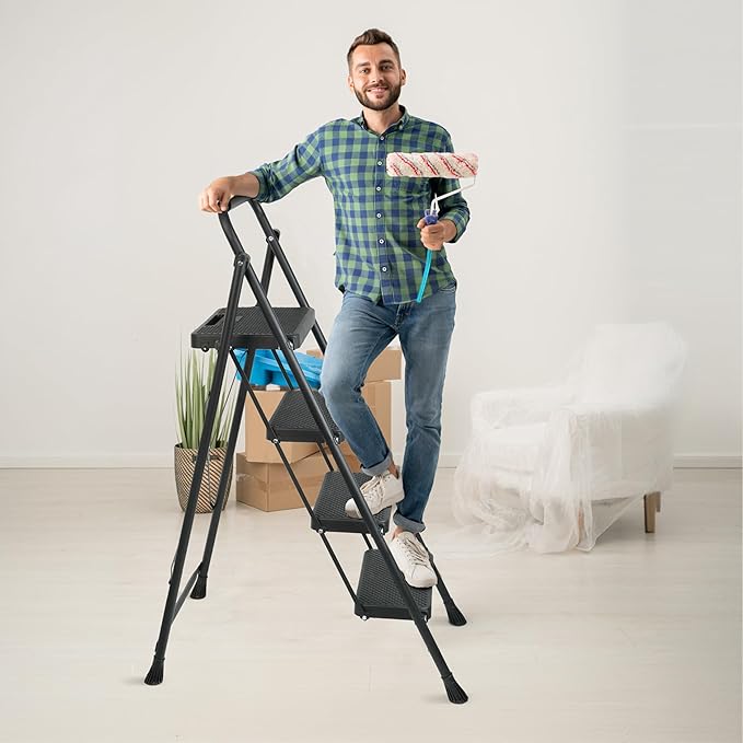 4 Step Ladder, Protable Steel Folding Stool with Wide Anti-Slip Pedal, 500lbs Sturdy Steel Ladder, Black