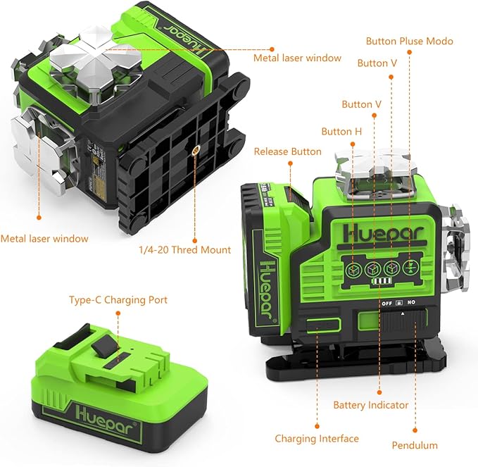 Outdoor Laser Level 360 Self leveling with Laser Level Receiver, 4x360 Green Cross Line Laser with Bluetooth, Huepar P04CG＆LR-8RG, Laser Class: Class II (IEC/EN60825-1/2014), 1mW power output