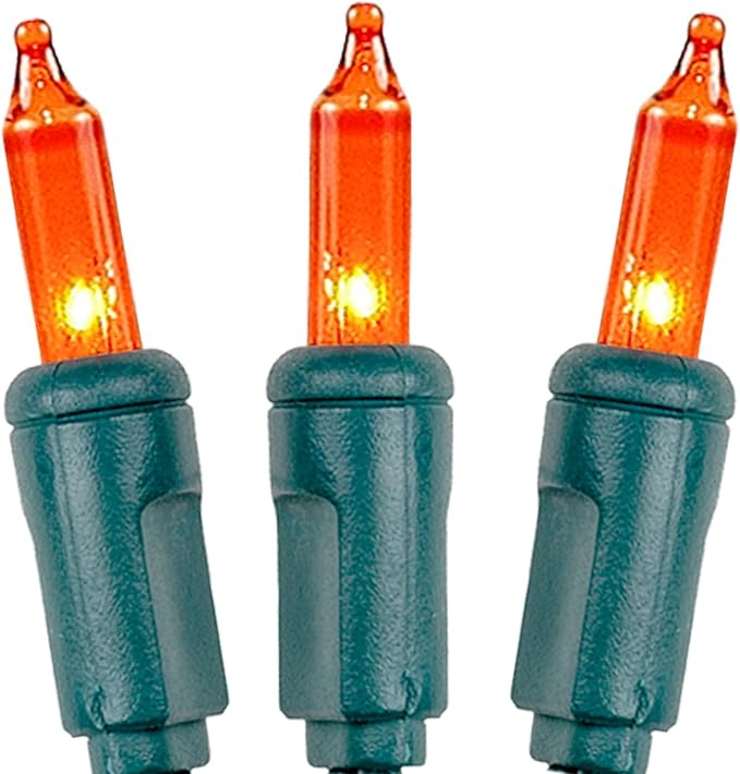 Novelty Lights 11 Feet 50 Bulbs Traditional Incandescent Mini Lights, Amber on Green Wire with 2.5" Spacing, Commercial Grade and UL Listed for Indoor/Outdoor Use, End-to-End Connectable