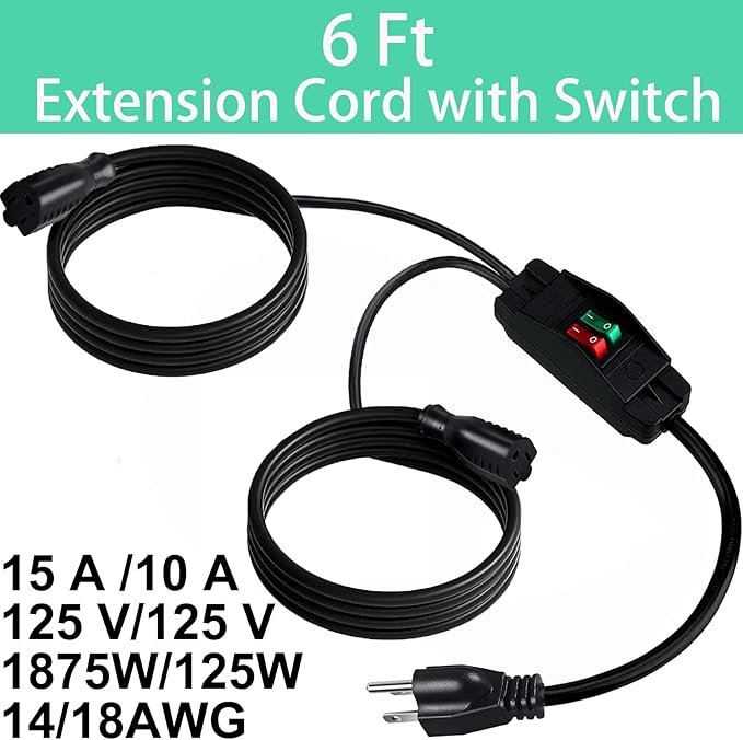 2 Way Extension Cord with On/Off Switch 3 Prong Outdoor Extension Cord Splitter, Heavy Duty Extension Cord with SJTW 14AWG 15A/125V and 18AWG 10A/125V(6 Ft, Black)