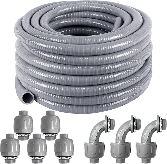 1inch 50ft Electrical Conduit Kit,Liquid-Tight Conduit and Connector Kit with 5 Straight and 3 Angle Fittings Included,Flexible Non -Metallic Liquid Tight Electrical Conduit(1" Dia, 50 Feet)