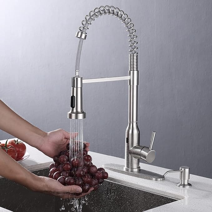 Touchless Kitchen Faucet,KEER Smart Motion Sensor Hands Free Single Handle Spring Kitchen Sink Faucet with Pull Down Sprayer,Brushed Nickel