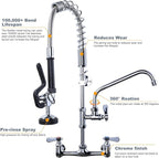 Commercial Kitchen Faucet Wall Mount with Pre-Rinse Sprayer 8 Inch Center Wall Mount Kitchen Sink Faucet with 9.6" Add-on Swing Spout 25" Height Faucet with Pull Down Spray