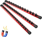 Magnetic Socket Organizer, 3-Piece Heavty Duty Aluminum Socket Holder, Socket Rail for Tool Box, Premium Quality 360° Swivel Socket Rack Kit with 40 Clips for 1/2, 3/8, 1/4-Inch(Red)