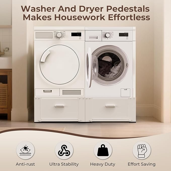 29" Washer and Dryer Pedestals with Drawer- Laundry Pedestal Stand for Washer and Dryer – Set of 2,Alloy Steel Washing Machine Stand Raiser, washer dryer pedestal 14.3'' Height White