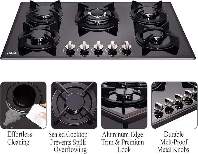 30-inch 5-Burner Built-in Gas Cooktop with Tempered Glass & Cast Iron Grates - LW5G01 (LPG/NG Convertible, Black)