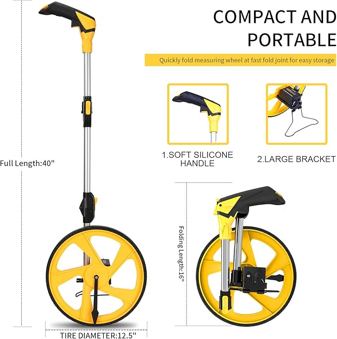 Zozen Measuring Wheel in Feet and Inches, Mechanical/Double Collapsible/One Key to Reset/Kickstand to Keep Stand/Starting Point Arrow and Cloth Carrying Bag, 0-9,999 Ft Measure Wheel.