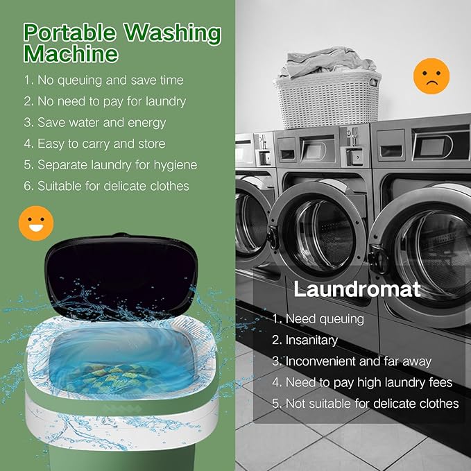 Portable Washing Machine, 15L Mini Collapsible Washer with 3 Cleaning Modes for Baby Clothes, Underwear, Small Foldable Laundry for Travel Apartment Home Dorm Hotel Camping (White+Green)