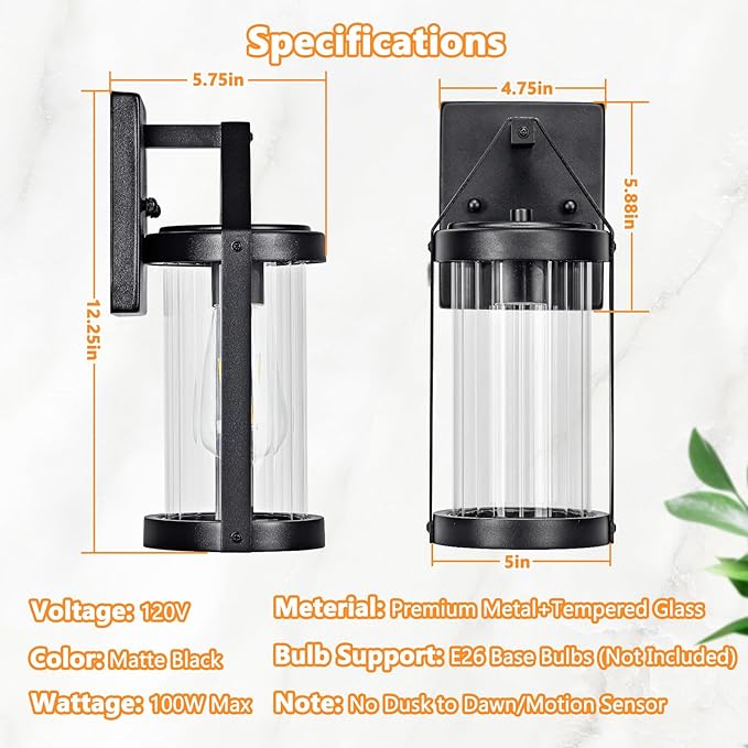 Outdoor Wall Light Fixtures, Waterproof Matte Black Exterior Wall Lantern Sconce Porch Lights, Outside Lighting with Clear Ribbed Glass for House, Garage, Front Door, 2-Pack