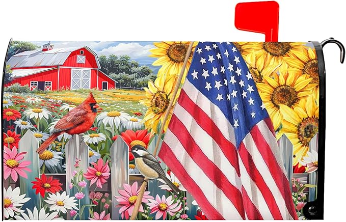 America Flag Patriotic Mailbox Covers - 4th of July Magnetic Standard Size 25.5x21 Inch Summer Floral Bird Waterproof Mailbox Wraps - Post Letter Box Covers - Garden Yard Decor for Outdoor