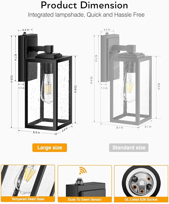 VIANIS Large Outdoor Light Fixtures Wall Mount, Black Dusk to Dawn Outside Porch Lighting, Modern Exterior Wall Sconce Lantern for Front Door, Anti-Rust Waterproof Coach Lights for Garage, Patio