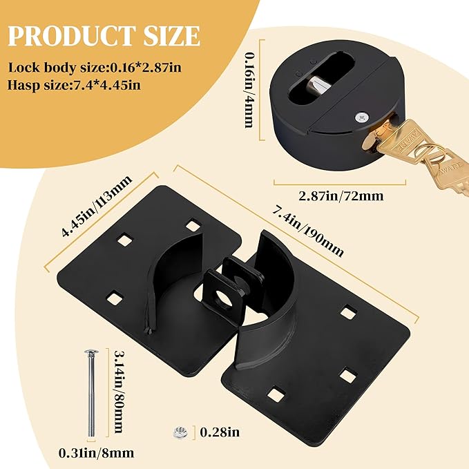 2 Pack Van Door Locks Keyed Alike, 73mm Heavy Duty Solid Steel Hidden Shackle Padlock and Hasp Set, with 4pcs Keys and 80mm Screws for Vans, Trucks, Gates, Trailer Black