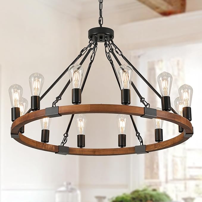 31.5'' Wooden Wagon Wheel Chandelier Farmhouse 12 Lights Wood Round Chandelier Black Rustic Light Fixture for Living Dining Room Entryway Foyer Kitchen