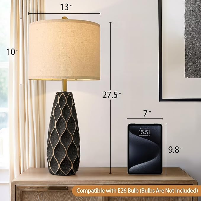 PORTRES 27.5" Ceramic Table Lamps for Bedroom Living Room Lamps Set of 2 Modern Bedside Nightstand Lamp Farmhouse Vintage Rustic Boho Retro Large Table Lamps Light Home Office Desk Deco Gifts, Black