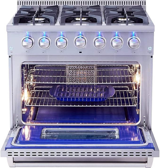 THOR Kitchen Freestanding Professional 36-Inch Gas Range with Blue Porcelain Oven Interior In Stainless Steel - Model HRG3618U