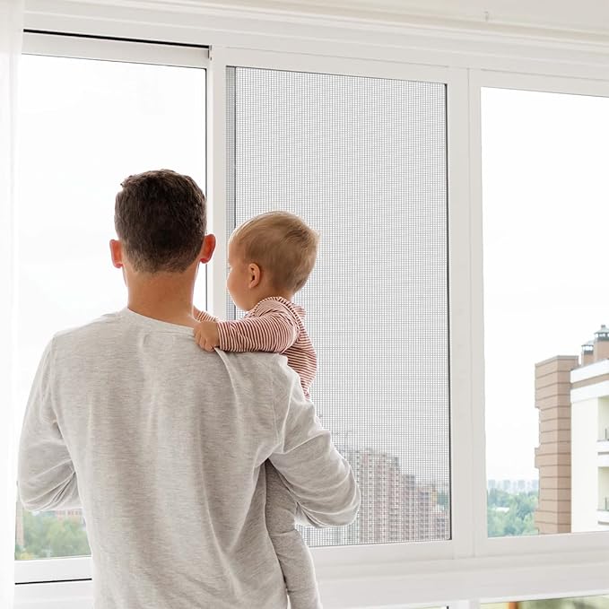 Window Screen Replacement Kit, 48"W × 99"L Durable Polyester Adjustable Screen Mesh with Retainer Spline (32ft) for DIY Project Window Screen Door Screen Replacement & Repair, Grey