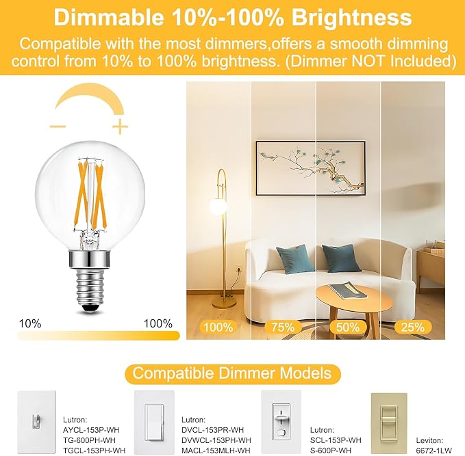 BRIMAX 10 Pack G16.5 Light Bulbs,Dimmable 6W E12 LED Bulbs Equivalent 60W,Small Globe Bulbs 600lm, 2700K Warm White,AC120V,Flicker Free for Ceiling Fans Pendant Chandelier Bathroom