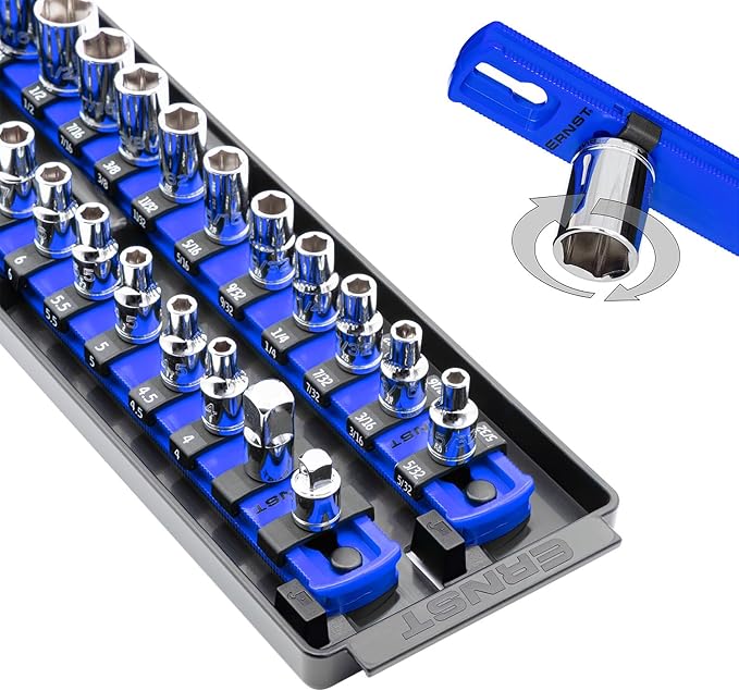 Ernst Manufacturing Socket Boss 2-Rail 1/4-Inch-Drive Socket Organizer, 13-Inch, for Toolbox drawer - Blue (8495) - Made in the USA
