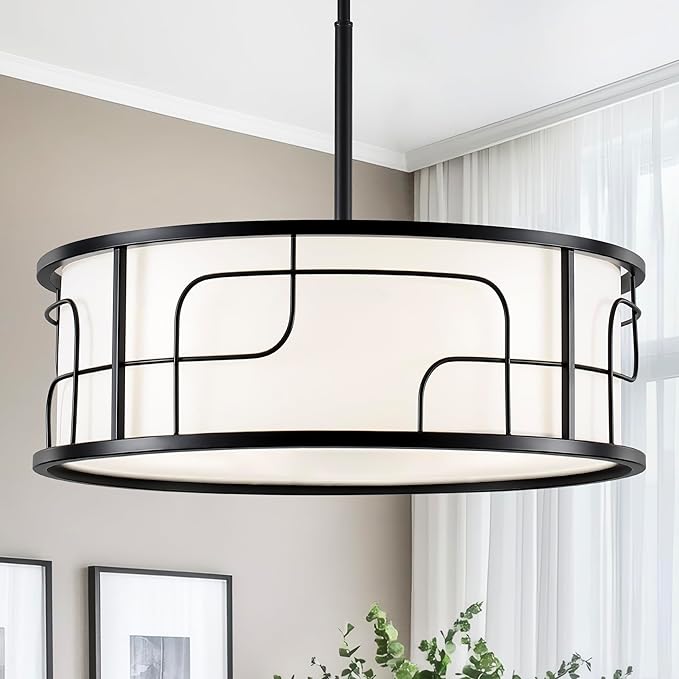 Drum Chandelier - Black and White Linear Design Adjustable Pendant Light for Dining Room, Kitchen Island, Living Room, Foyer (19.68", 5 Lights)
