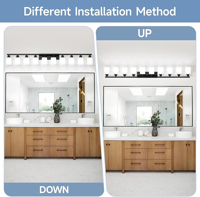 10-Light Bathroom Vanity Light,Modern Matte Black Bathroom Light Fixtures with Square Frosted Glass,64.5in Wall Sconces Over Mirror Restroom,Living Room Hallway E26