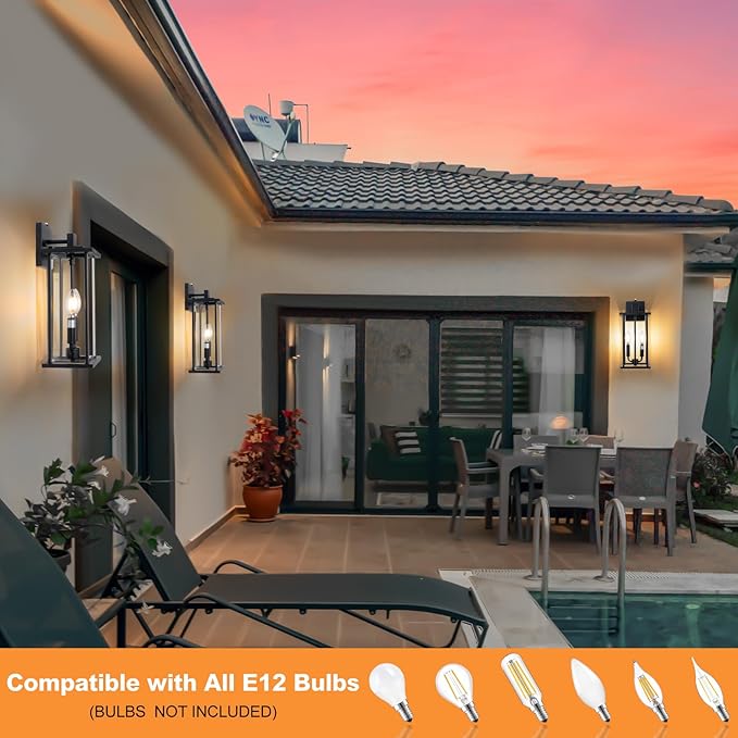 16" Large Dusk to Dawn Outdoo Wall Light Fixtures, Black 2-Pack Exterior Front Porch Light, 2-Light Outdoor Wall Sconce for Outside Patio, Waterproof Exterior Wall Lamp Lighting