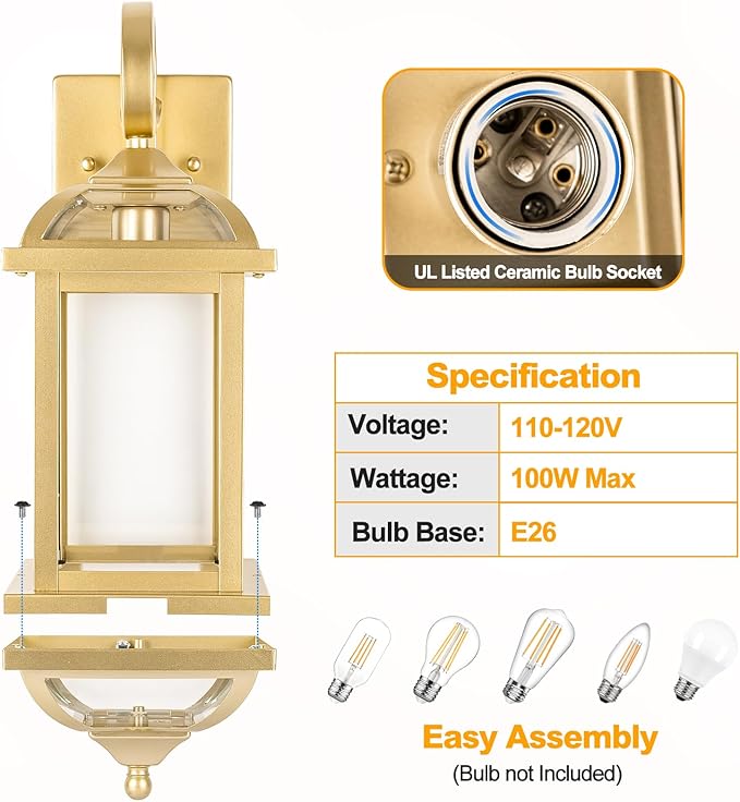 2-Pack 18” Gold Light Fixtures Outdoor Wall Lights Exterior Lanterns, Brass Porch Lights Outside Anti-Rust Aluminum Patio Lights for House Clear Glass Wall Mount Lighting, IP65 Waterproof