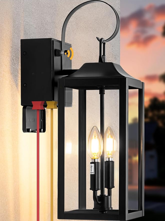 Large Porch Lights with GFCI Outlet, 19" Black Dusk to Dawn Outdoor Wall Lantern 2-Light, Exterior Lighting Fixtures with GFCI Outlet Built-in, Waterproof Outdoor Wall Sconce for House Front Door