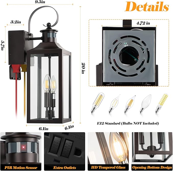 Porch Lights with GFCI Outlet, 20" Brown Dusk to Dawn Motion Sensor Outdoor Lights, Exterior Lighting Fixtures with GFCI Outlet Built-in, Waterproof Bronze Outdoor Wall Sconce for House Patio