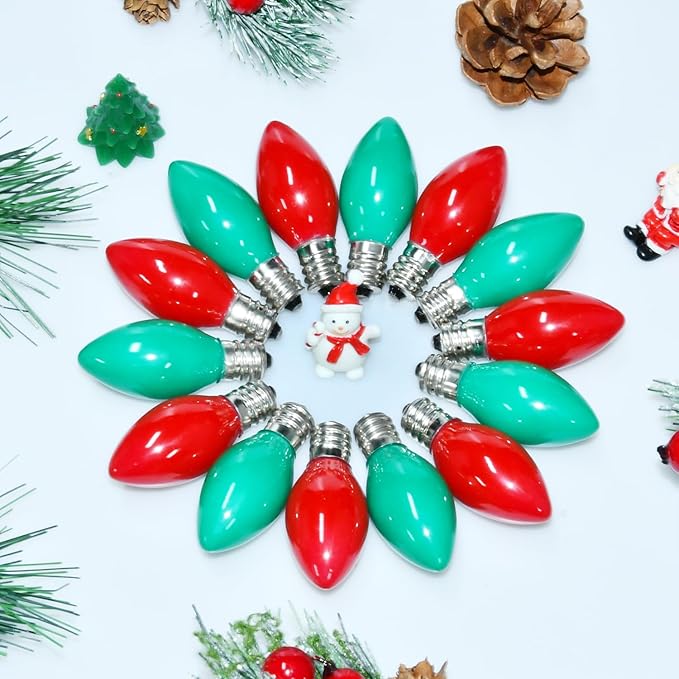 25 Pack C7 Red and Green Christmas Lights Replacement Ceramic Bulbs, Red Green Christmas Lights C7 Bulbs for Christmass Day, Party and Wedding Decorations, E12 Candelabra Base, 5 Watts